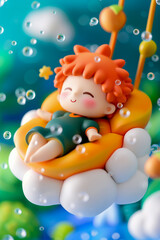 Obraz premium A delightful 3D illustration featuring a cute toy character with orange hair, peacefully swinging on a cloud-shaped swing. The bright and cheerful setting, with floating bubbles and colorful backgroun
