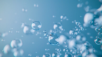 Obraz premium Close-up of transparent water bubbles suspended in a light blue background, evoking a sense of purity and freshness. Ideal for clean and minimalist design projects. 
