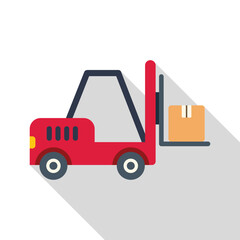 Red forklift is lifting a cardboard box, concept for delivery, logistics and transportation