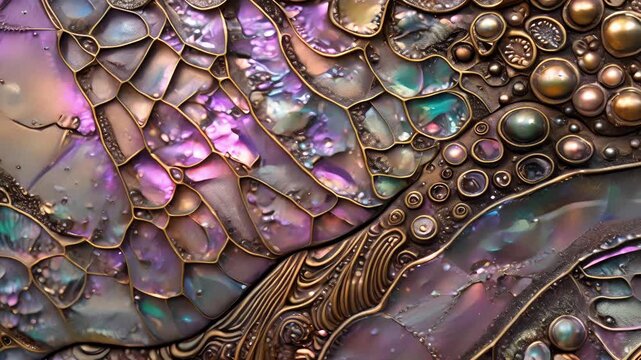 The organic patterns of an abalone shell are translated into this design featuring a mix of iridescent colors and a bold patterned border that adds visual interest.