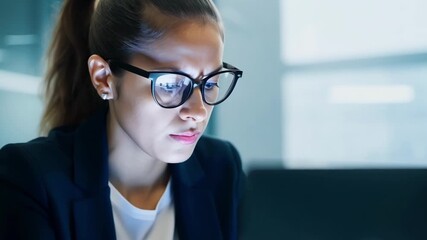 The dedicated female company worker in glasses fervently typing away on her laptop showcasing her commitment to her job.