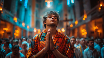 Obraz premium Man in Colorful Attire Praying in Church 