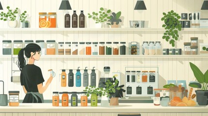 Zero Waste Stores Shops that focus on sustainable living by offering products with minimal or no packaging, such as bulk foods, reusable containers, and eco-friendly household items. Cartoon