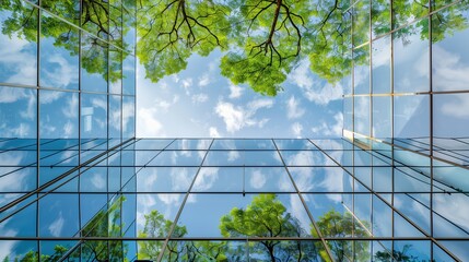 beautiful green trees and blue sky reflected in the glass facade of a modern office building