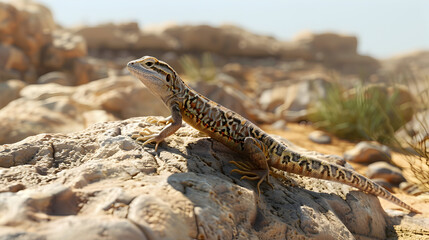 Naklejka premium A lizard basking on a rock in the desert.