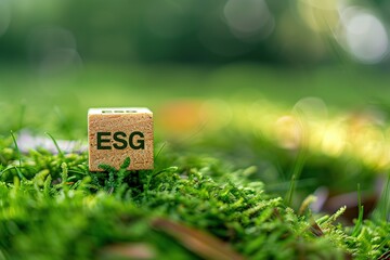Wooden blocks with the text "ESG" on green grass and tree ball, environmental social wooden block cubes for sustainable development making in natural light