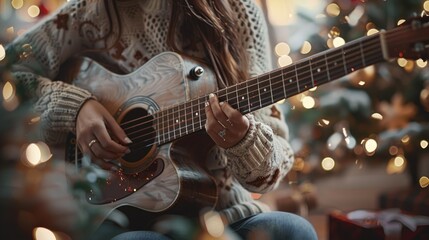Obraz premium Woman Playing Acoustic Guitar by Christmas Tree with Twinkling Lights