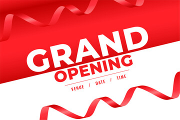 decorative grand opening greeting poster with realistic red ribbon