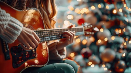 Fototapeta premium Woman Playing Acoustic Guitar in Cozy Holiday Setting with Christmas Tree Lights