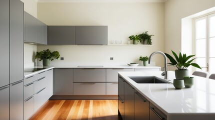 Fototapeta premium A sleek, modern kitchen embodies a minimalist concept, featuring a harmonious blend of soothing gray tones and creamy whites