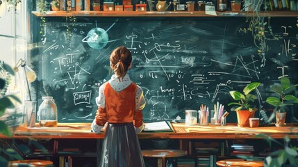 Woman Analyzing Complex Mathematical Formulas on Chalkboard in Bright Classroom