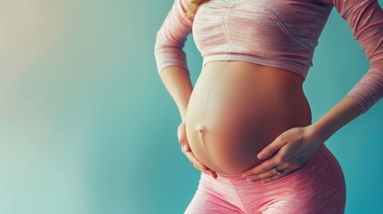 Pregnant Woman Cradling Belly in Pink Athletic Wear Against Blue Gradient Background