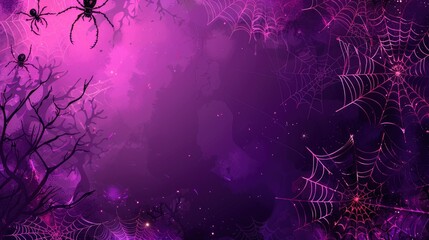 Purple Halloween Night with Spiders and Spiderwebs on Haunted Branches