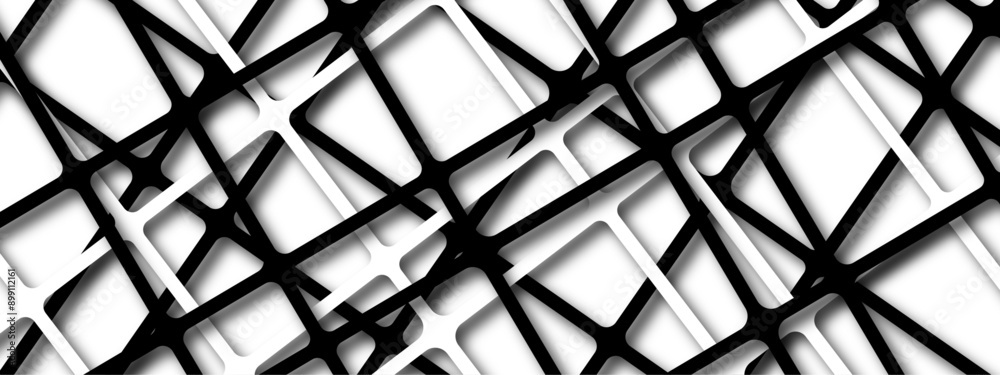 Fototapete Modern Abstract Geometric Black and White Background with Intersecting Lines and Overlapping Squares. Black & white luxury pattern stripes seamless Diagonal white plaid