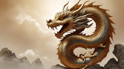 Fototapeta premium A digital illustration of a Feng Shui dragon, symbolizing power, protection, and success, with intricate scales and a dynamic pose, with space for text.