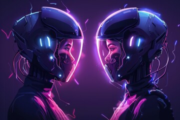Futuristic robotic faces with neon accents symbolizing advanced AI cybernetic technology and sci fi aesthetics