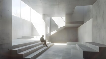 Obraz premium Minimalist Concrete Architecture with a Single Person Sitting on Stairs
