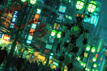 Futuristic cityscape with robotic elements and neon lights symbolizing advanced technology urban innovation and cyberpunk aesthetics