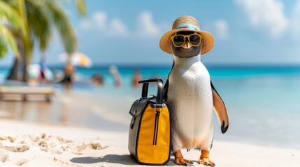 Fun vacation concept featuring a penguin with a suitcase and sunglasses on a tropical beach, perfect for travel and summer themes.