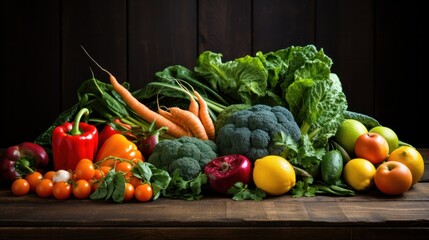 A vibrant assortment of fresh fruits and vegetables neatly arranged on a rustic wooden table, showcasing colors from deep greens to bright oranges and reds.