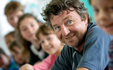 Obraz premium A male teacher, his eyes twinkling with mischief, injects humor into his lessons, making learning fun and memorable for his students