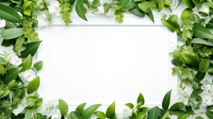 Naklejka premium Artistic flat lay design with fresh green leaves forming a border around a clean white square frame, showcasing contrast between nature and minimalism