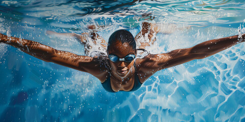 african woman swimming underwater in a pool,