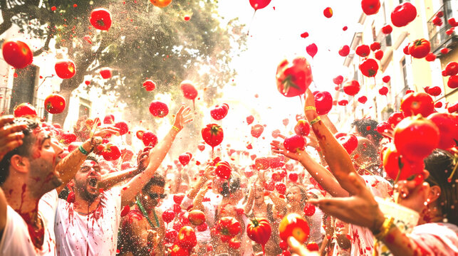 La Tomatina in Spain with people throwing tomatoes in the streets