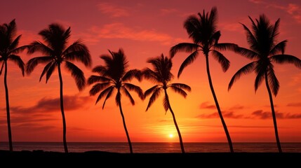 Silhouettes of palm trees against a fiery red sky during sunset at a tropical beach