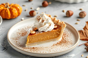 pumpkin pie and a pumpkin latte with whipped cream on a grey table setting