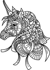 Hand drawn of unicorn head in zentangle style