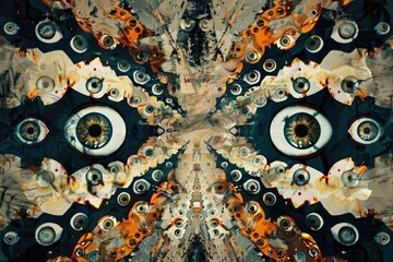 abstract kaleidoscope of eerie eyeballs peering out of the darkness