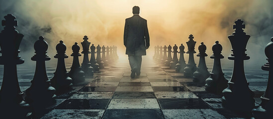 Businessman Walking on Giant Chessboard