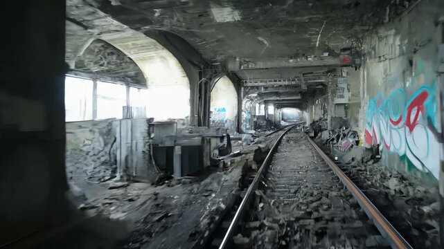 Exploring a gloomy underground tunnel with old, rusty train tracks