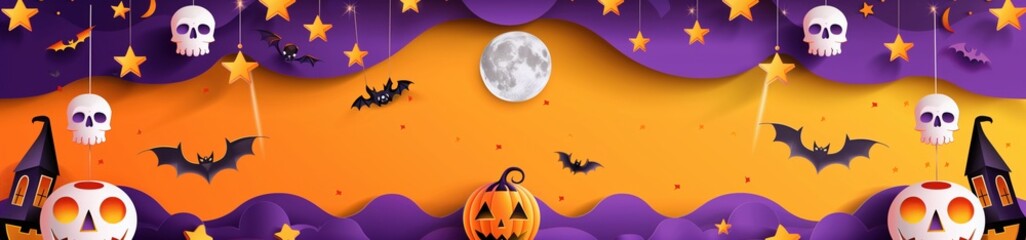 A wide Halloween background showing solid orange overlay covered with common icons like bats, skulls, and pumpkins