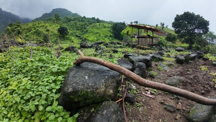 Scenic landscape featuring a cloudy sky, distant sahyadri hills, and lush green vegetation in the monsoon season.