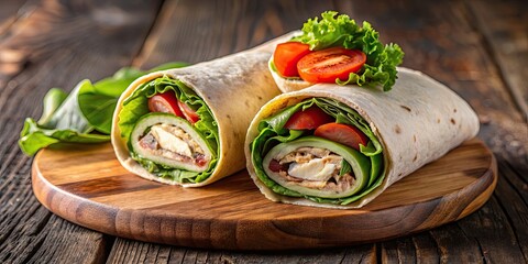 Delicious Californian turkey wrap presented on a wood board, turkey, wrap, Californian, delicious, appetizing, food, lunch