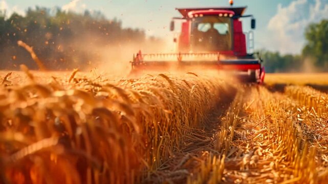 Close up of combine harvester separating wheat grain into tractor trailer at field.