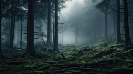 Obraz premium Dense fog over a mysterious, ancient forest with tall trees