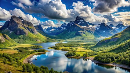 Obraz premium Panoramic view of stunning nordic mountain landscape, mountains, snow, trees, nature, wilderness, scenic, fjords