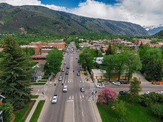 Aerial of the ski town town of Aspen, Colorado, United States of America.