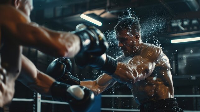 A dynamic scene of a boxer sparring in a gym, with a coach providing real-time feedback, showcasing rigorous training - Powered by Adobe