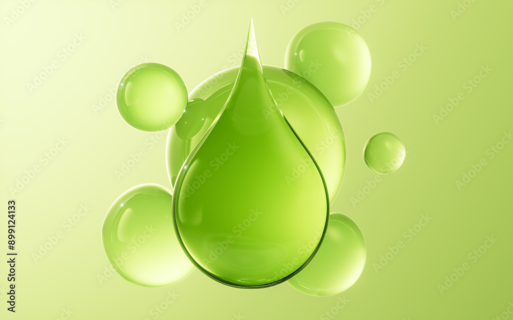 Canvas Prints Transparent green liquid water drop background, 3d rendering.