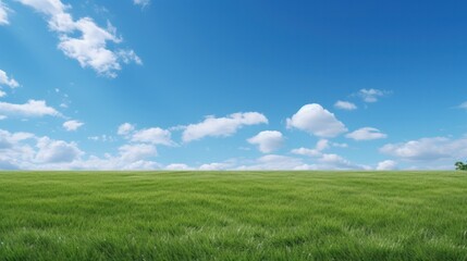 Lush green artificial grass field under clear blue sky on a sunny day