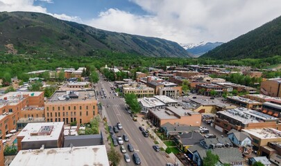Aerial of the ski town town of Aspen, Colorado, United States of America.
