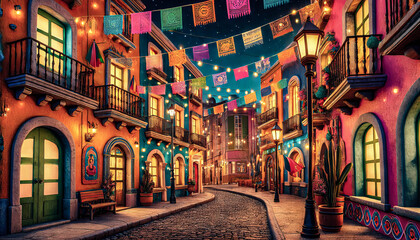 Fototapeta premium A lively street is adorned with colorful banners and glowing lanterns, creating a festive atmosphere under the starry night sky