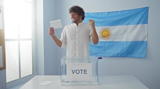 Vote winner, young hispanic man holding ballot and celebrating victory with happy smile at argentinian electoral college