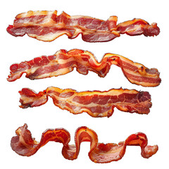 Four strips of crisp cooked bacon isolated against a white and transparent background