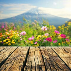 Fototapeta premium Weathered wooden table top with a blurred view of Mount Fuji, vibrant flowers in the foreground, Realistic, Bright and Cheerful