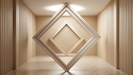 Beige corridor with diamond-shaped blank frame mockup and geometric flair in broadened format, Beige, corridor, diamond, frame